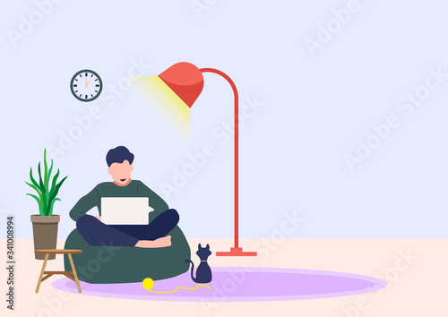 Flat vector work from home workplace concept and business smart working online connect anywhere concept. A guy sitting on comfortable armchair working with laptop at home.
