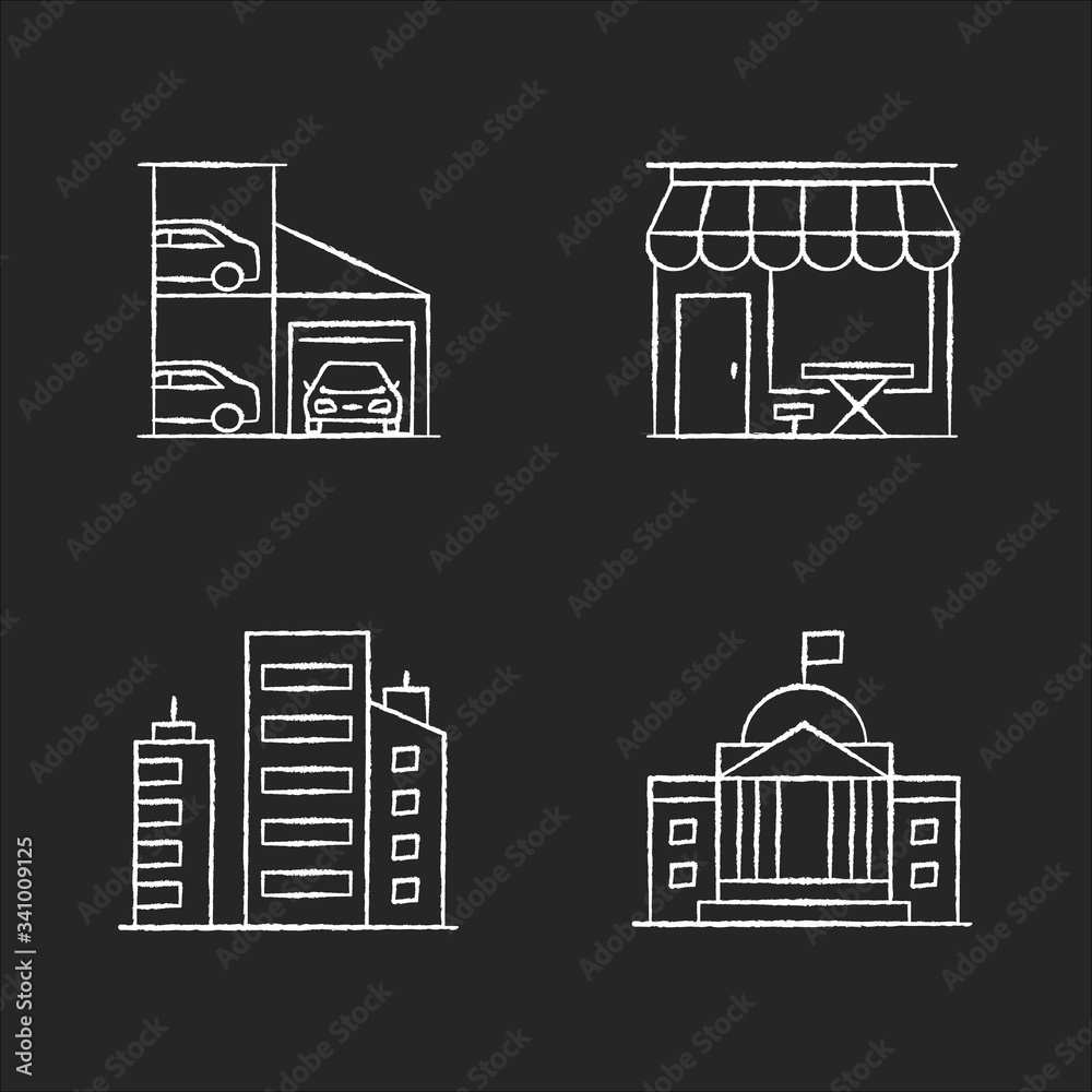 Industrial buildings chalk white icons set on black background