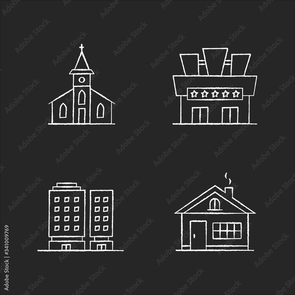 Urban buildings chalk white icons set on black background