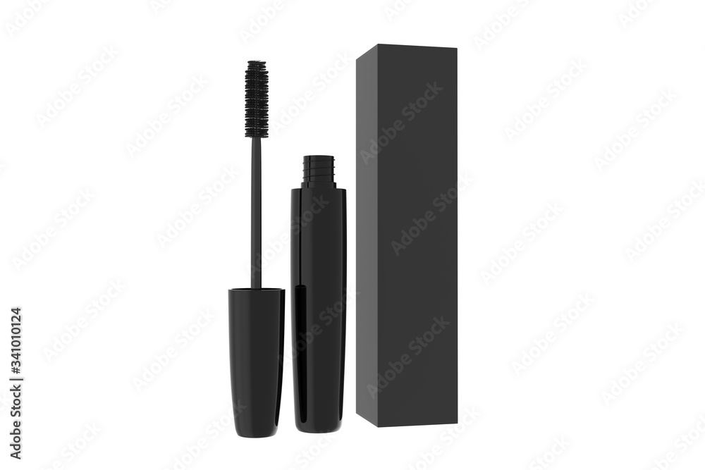 Mascara Bottle and Brush. Fashionable cosmetics Makeup for Eyes, Black Mascara wand and Tube Isolated on White. Extensible mascara and volume. 3d illustration Mascara Bottle and Brush. Fashionable cosmetics Makeup for Eyes, Black Mascara wand and Tube Isolated on White. Extensible mascara and volume. 3d illustration