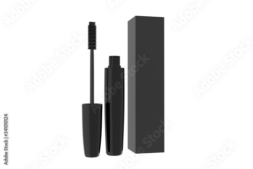 Mascara Bottle and Brush. Fashionable cosmetics Makeup for Eyes, Black Mascara wand and Tube Isolated on White. Extensible mascara and volume. 3d illustration photo