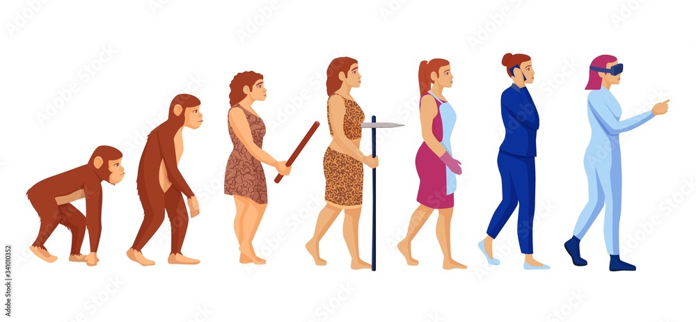 Cartoon character woman career evolution vector graphic illustration. Female development from monkey primate to hi tech person isolated on white. Emancipation and feminism concept Cartoon character woman career evolution vector graphic illustration. Female development from monkey primate to hi tech person isolated on white. Emancipation and feminism concept