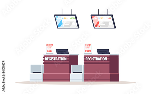Airport registration counter semi flat RGB color vector illustration. Covid warning. Document control before plane boarding. Empty reception desk isolated cartoon object on white background