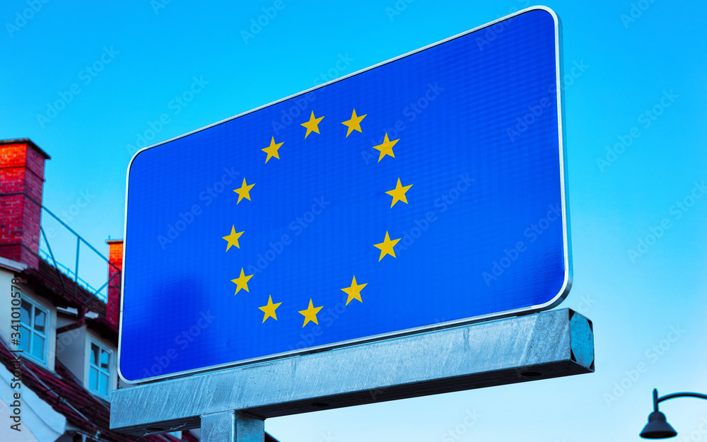 Modern Traffic road sign on blue with EU stars Slovenija reflex Modern Traffic road sign on blue with EU stars Slovenija reflex