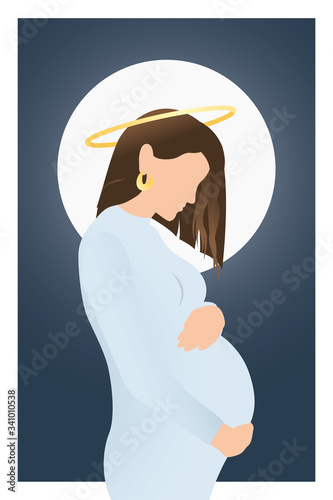 Stylish pregnant woman with nimbus hugging her belly with baby on blue background. Modern hand drawn vector in flat style. Happy Mothers day. Woman in halo