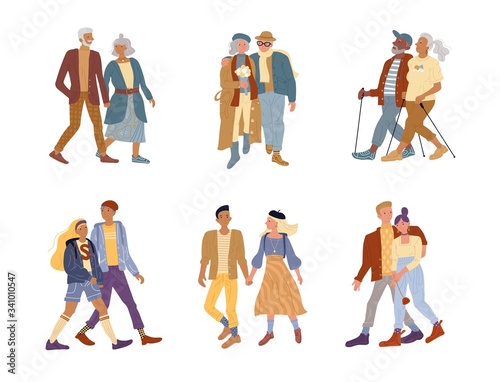 Elderly people versus young generations. Senior man aged woman, teenager girlfriend boyfriend walking. Isolated couple different age set. Youth versus retirement. Maturity, old age, youthfulness