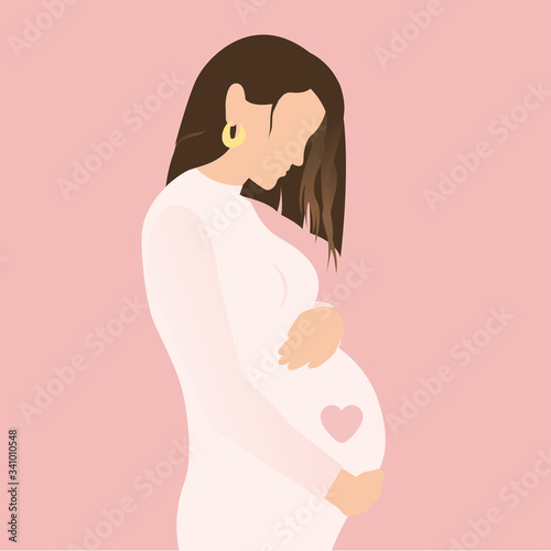 Pregnancy. Stylish pregnant woman hugging her belly with heart on pink background. Modern hand drawn vector in flat style. Happy Mothers day concept. Motherhood