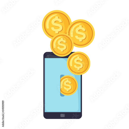 Dollar coins droping into slot at the mobile phone.