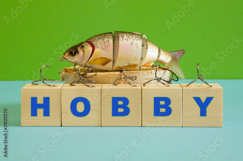 Fishing wobbler, fishing hooks, as a form of fascination. A place for a hobby text.