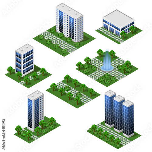 Modern City Buildings. Isometric set of isolated modules in flat style. Big houses and office buildings, street and outdoor park. For urban cityscapes and scenes. Vector illustration