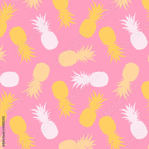 Pink pineapple silhouette pattern. The trendy minimalistic hand-drawn vector pattern design. Yellow pineapples on a pink background. Repeating the digital pattern. Summertime and exotic fruits.