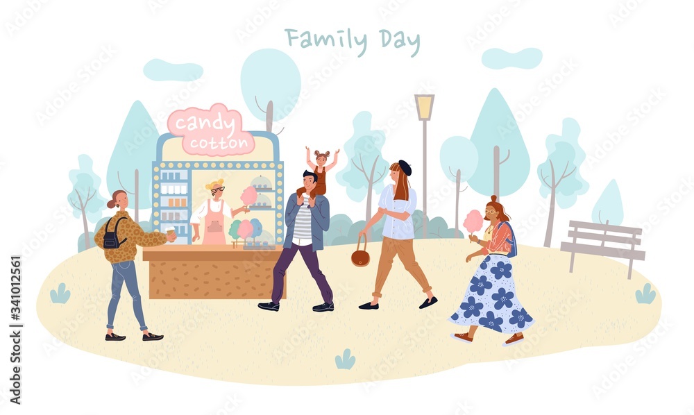 People walk in park. Mother father holding daughter buy candy cotton. Saleswoman at street shop give child sweet snack. Student drink coffee. Hipster girl eat sugar dessert. Food fest, family day People walk in park. Mother father holding daughter buy candy cotton. Saleswoman at street shop give child sweet snack. Student drink coffee. Hipster girl eat sugar dessert. Food fest, family day