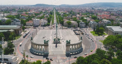 Hosok tere square aerial.Angel sculpture on top of Heroes' Square Andrassy street in Budapest,Hungary.Millennium Monument.Tomb of the Unknown Soldier
 photo