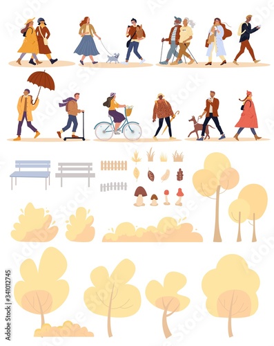 People, dog, natural park object autumn set. Man woman different generation, mature family couple, teenager girl boy walk, do sport, ride bicycle scooter. Tree, bush, bench, mushroom, grass, fence kit © VectorSpace