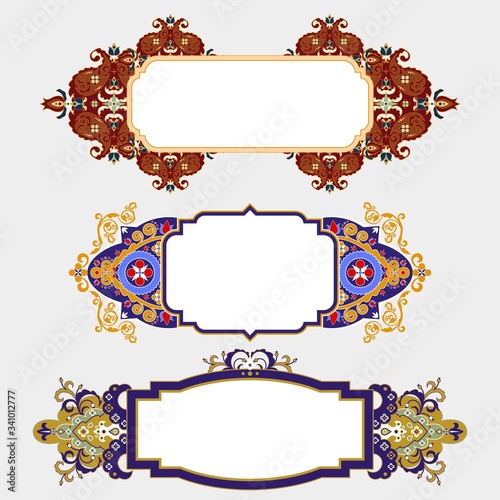 Set of colorful islamic ornament frame with empty place for text isolated on white background. Collection of arabic floral border vector flat illustration. Traditional mosque elegant element