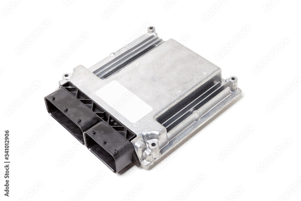 Plastic car engine control unit with metal elements on a white isolated background is the connecting center of various subsystems, units and assemblies. Monitoring the state of the moment. Spare part Plastic car engine control unit with metal elements on a white isolated background is the connecting center of various subsystems, units and assemblies. Monitoring the state of the moment. Spare part