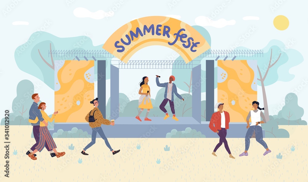 Fototapeta premium Multiethnic woman man singers band giving concert on open air tent stage. Summer festival live performance for visitor. Jazz, pop, ethnic outdoor music fest. Talented people, festivalgoer characters