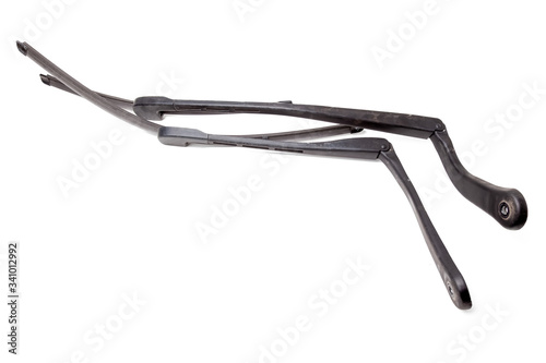 A pair of black plastic wipers on a white isolated background with rubber brushes for cleaning from dirt, dust or rain without hampering the driver's visibility. Spare part for the car at the parsing.