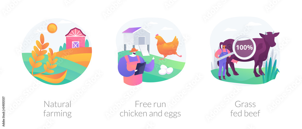 Ecological farming abstract concept vector illustration set. Natural farming, free run chicken and eggs, grass fed beef, sustainable agriculture, food labeling, antibiotics free abstract metaphor.