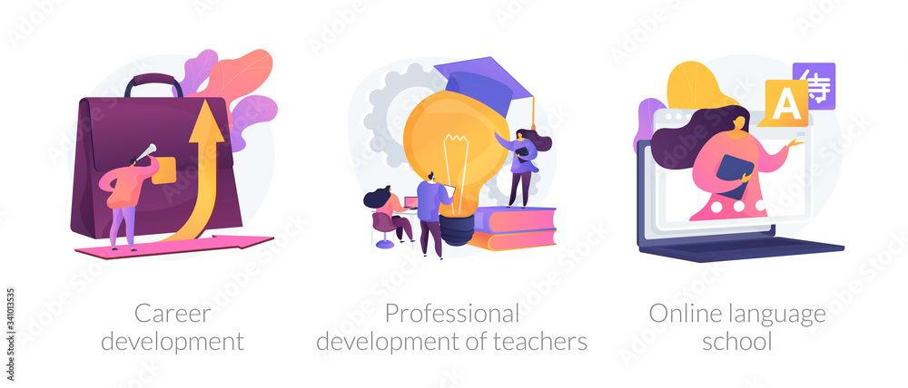 Successful career path abstract concept vector illustration set. Career development, professional development of teachers, online language school, job responsibility, conference abstract metaphor.