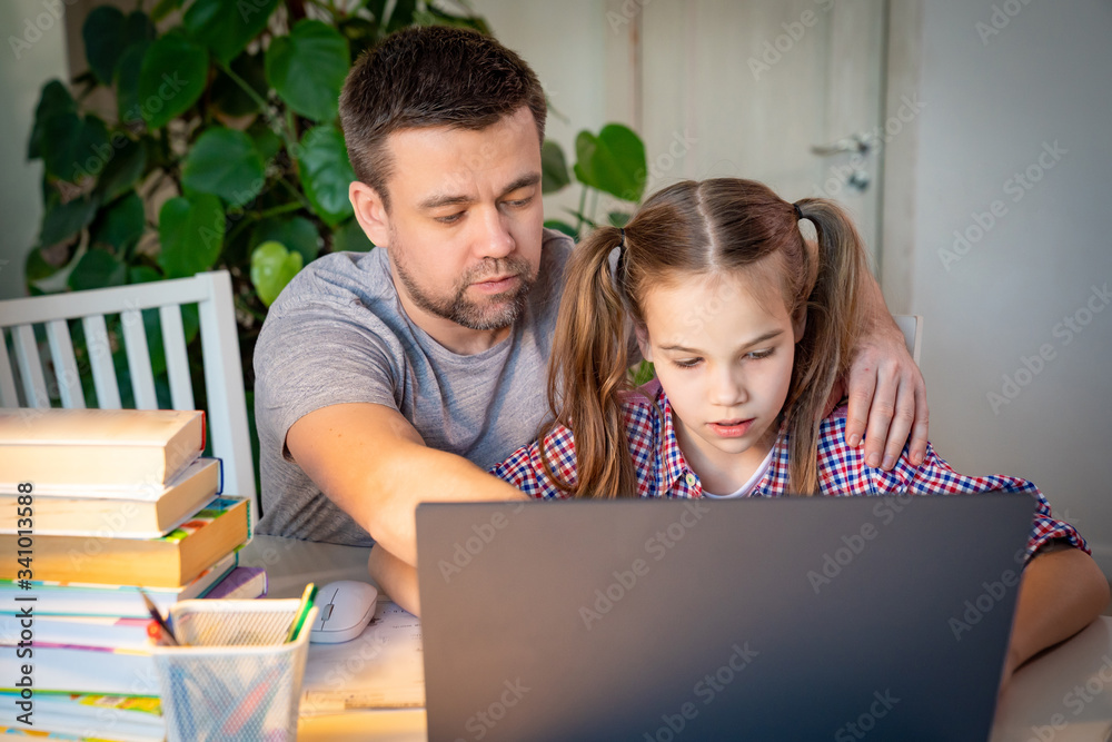 daddy helps daughter, with distance learning daddy helps daughter, with distance learning