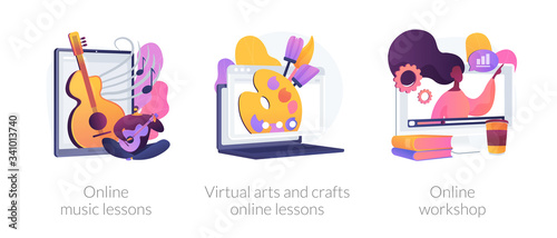 Online education while self-isolation abstract concept vector illustration set. Online music lessons, virtual arts and crafts online lessons, online workshop, free master classes abstract metaphor.