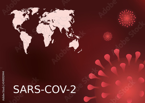 Coronavirus (covid-19) and the world map in red color on the dark background.