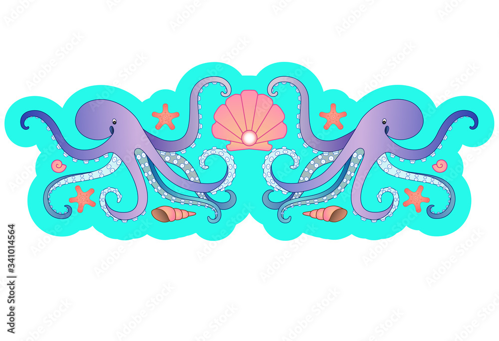 Symmetrical vector sea illustration with octopuses, shells, mollusks, starfish and a scallop shell with a large pearl. Vector horizontal divider with the inhabitants of the ocean.