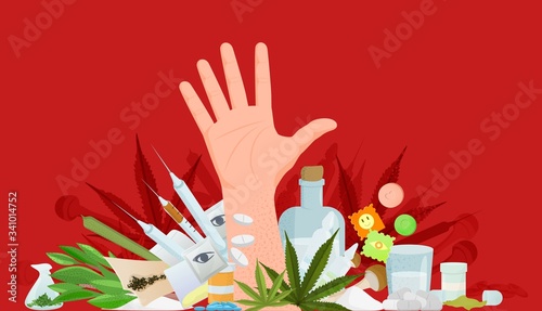 Cartoon human addiction waving hand vector graphic illustration. Person arm surrounded by drugs, tablet, alcohol, syringe, marijuana and pills isolated on red. Addicted and harmful habit concept