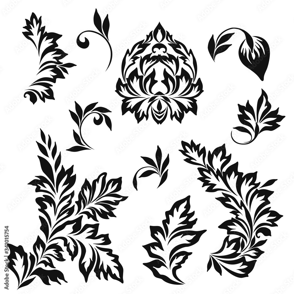 Black and white floral stencils for interior decoration, embroidery . Natural pattern - object isolated. Vector set of various ornaments, deco template.
