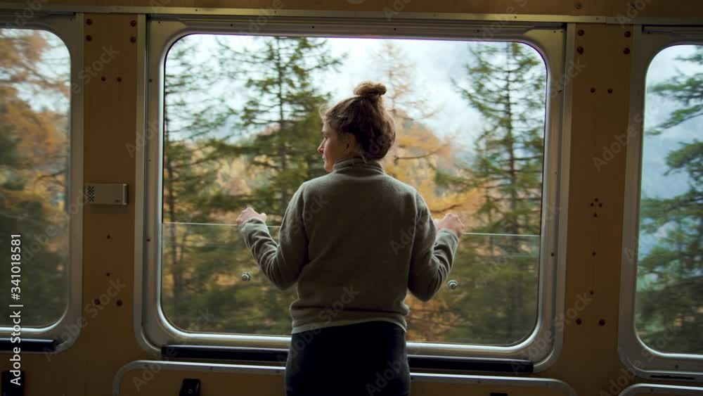 Cinematic and symmetrical beautiful shot of female traveler, travel blogger and inspired adventurer hang out of train window, look at amazing landscape of autumn mountains