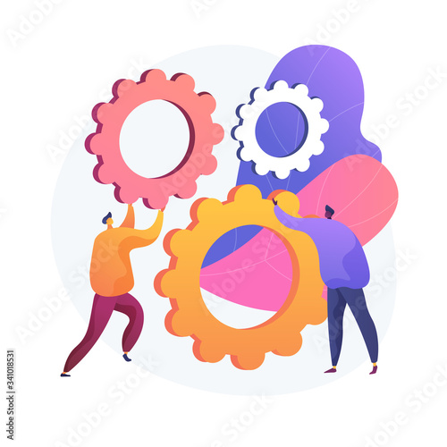 Mechanism of teamwork. Cartoon characters spinning gears together. Coworking, collaboration, partnership. Team building and cooperation technology. Vector isolated concept metaphor illustration