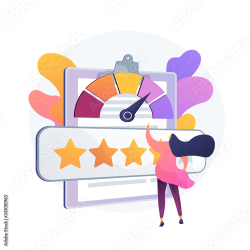 Reputation management. User feedback, customer loyalty, client satisfaction meter. Positive review, company trust, five star quality evaluation system. Vector isolated concept metaphor illustration