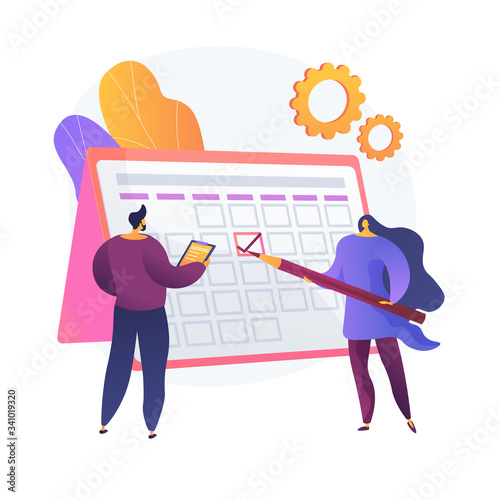 Time managementt. Calendar method, appointment planning, business organizer. People drawing mark in work schedule cartoon characters. Colleagues teamwork. Vector isolated concept metaphor illustration