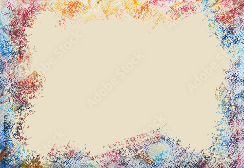 A sheet of landscape paper with an abstract drawing in pastel crayons with a clean background for creativity. The frame is drawn in pastel colors of blue, pink, yellow, orange, red and green.