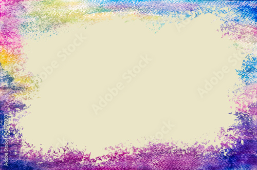 A sheet of landscape paper with an abstract drawing in pastel crayons with a clean background for creativity. The frame is drawn in pastel colors of blue  pink  yellow  orange  red and green.