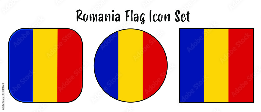 Fototapeta premium Romania Flag Button set - rounded, circle, and square for European push button concepts.