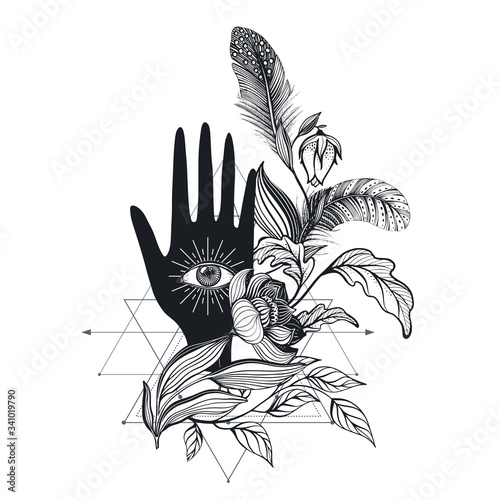Vector illustration Vintage Hand with all seeing eye, plants, feathers.