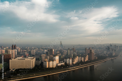The aerial view of city of Pyongyang in North Korea from the top of the international hotel
