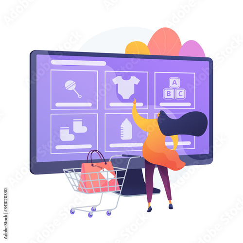 Ordering goods online. Internet store, online shopping, niche e commerce website. Mother buying babies clothes, footwear and toys, infant accessories. Vector isolated concept metaphor illustration