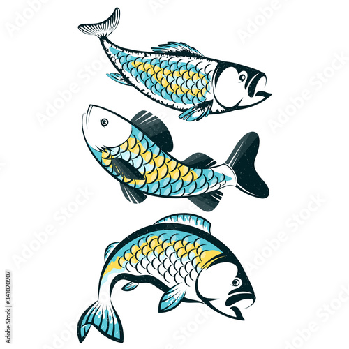 Fish set silhouette for fishing and eating seafood