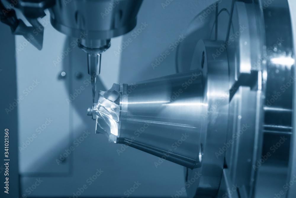 The  5 axis CNC milling machine cutting the turbocharger blade for automotive parts with solid ball endmill tools. The hi-technology automotive part manufacturing process by 5 axis machining center.