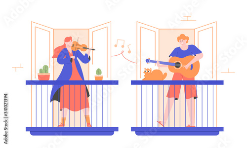 People play musical instruments on their balconies. Girl violinist and guy guitar player. Entertainment at home, a concert for neighbors, free live performance. Vector flat modern illustration.