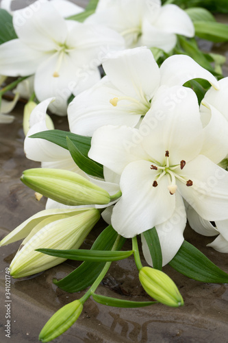 white lilies with green leaves bouquet