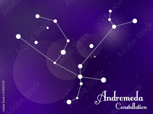 Andromeda constellation. Starry night sky. Cluster of stars, galaxy. Deep space. Vector illustration