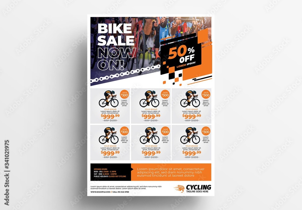 Modelo de Cycling Shop Poster Layout with Product Grid Layout do Stock |  Adobe Stock