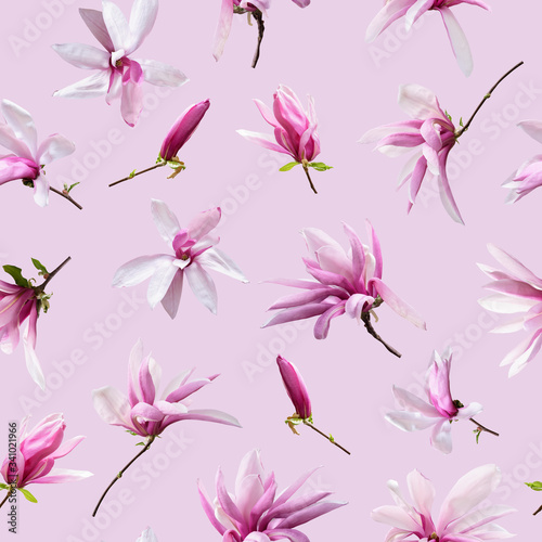 Floral seamless pattern. Magnolia flowers on pink background. Can be used for wallpaper design, packaging, textile, decorative print. © RinaM