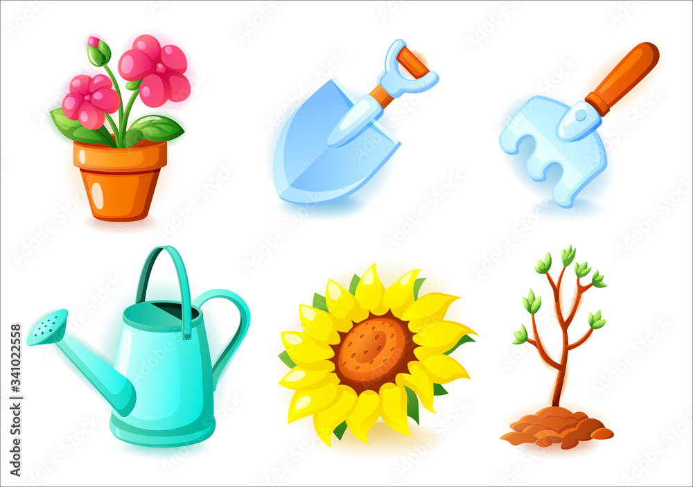 Obraz premium Gardening icons set - Flower pot, shovel, rake, watering can, sunflowers and seedling tree - icons for web and mobile games, vector illustration on white background.