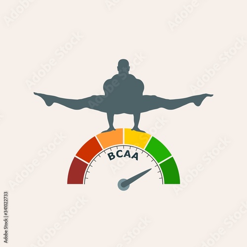 Gradient scale. BCAA level measuring device icon. Sign tachometer, speedometer, indicators. Infographic gauge element. Silhouette of muscular man
