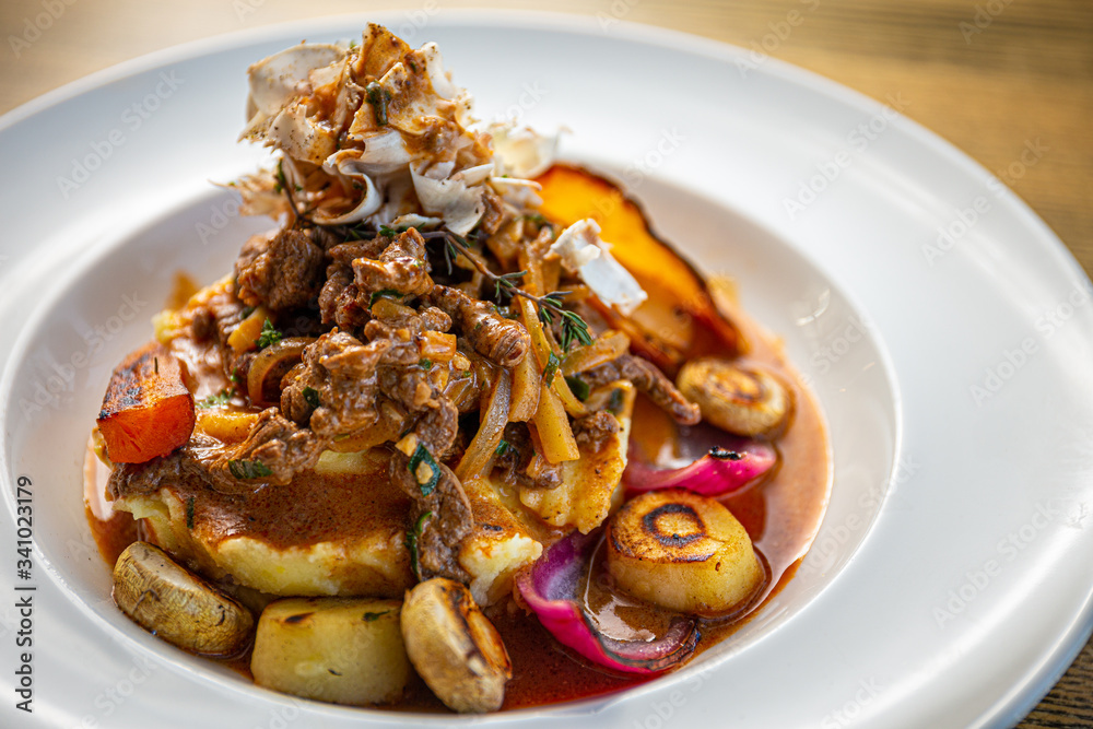 Beef meat strogonov with mashed potatoes,mushrooms Beef meat strogonov with mashed potatoes,mushrooms